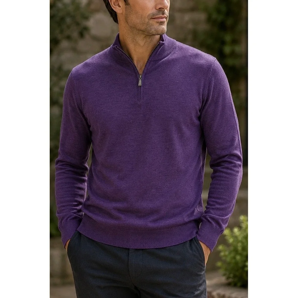 Saks Fifth Avenue Mens XL‎ 100% Merino Wool Quarter Zip Sweater Purple Italy